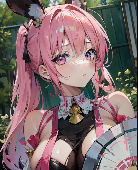 Pink delicate hair，Sexy big breasts，Affectionate fan eyes，Rabbit ears，dual horsetail