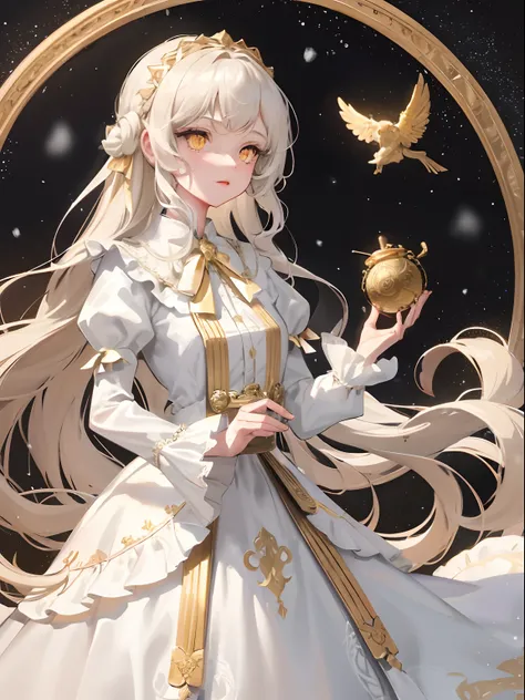 1woman, white long wavy hair, swept bangs, ((golden eyes)), intricate gown, snowing background, dress fluttering, Victorian dress, holding a circular music box