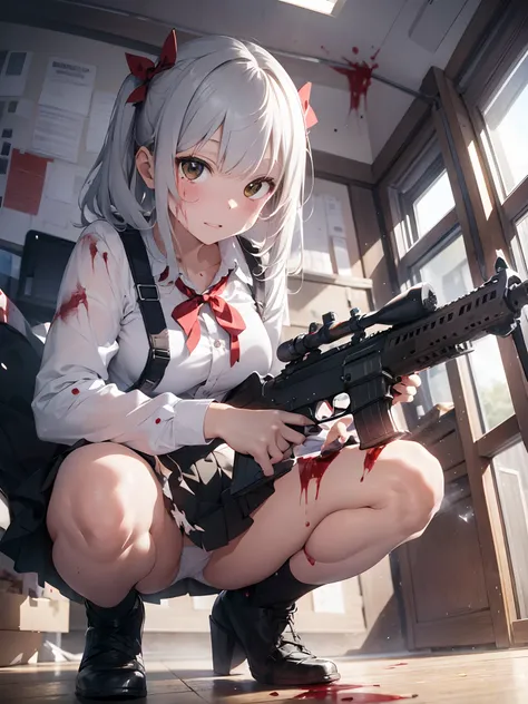 Masterpiece, top quality, lens flare, depth of field, (close-up: 1.3), (wide shot, fisheye: 0.85), face focus, 1 girl, covering with blood, blood, detailed face splattered with blood, detailed lips with blood stains, squatting, medium bob, hairpin, torn su...