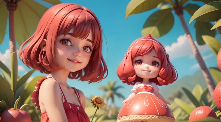 uma menina feliz com o cabelo com formato e textura de um morango , com vestido vermelho com textura de morango, no estilo de desenho da Pixar Disney , standingn ,brincando em um campo de morangos em um dia ensolarado, corpo inteiro