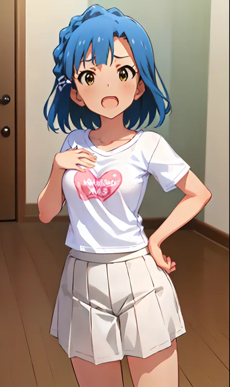 yuriko nanao (million live). Short stature. (((white t-shirts))).(((Skirt))).(((masterpiece))).(((best quality))).((Ultra-detailed))).(((illustratio))). (((put hands on the hip))).(((a room))).(((Clench your fists))).(((up chest))).Despair face.(((short-ha...