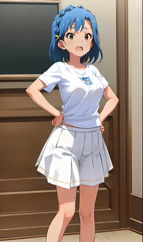 yuriko nanao (million live). Short stature. (((white t-shirts))).(((Skirt))).(((masterpiece))).(((best quality))).((Ultra-detailed))).(((illustratio))). (((put hands on the hip))).(((a room))).(((Clench your fists))).(((up chest))).Despair face.(((short-ha...