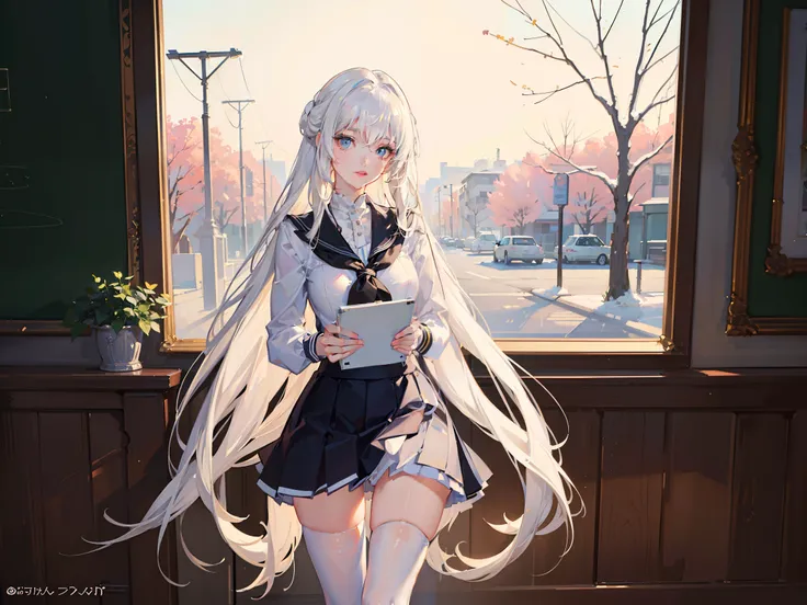 ((Masterpiece，full bodyesbian，schoolgirls，being thin》)，High details，Best quality.
8K，（Soft light），Cinematic light，Beautiful eyes,
1girll，White hair，white stockings，cozily，clean and meticulous anime art，
art trend，gentlesoftlighting