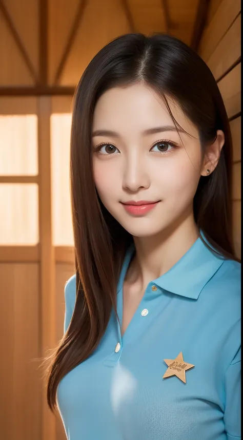 realistic photos of (1 cute Korean star) shoulder-length hair, white skin, thin makeup, 32 inch breasts size, slightly smile, wearing blue and white polo shirt, in the wooden hut, close-up, interior architecture, UHD