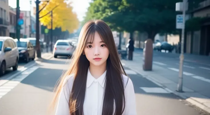 A pretty girl，long whitr hair，streetview，Full body photo，hyper HD，brightened light