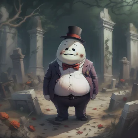 in a ruined cemetery、a red fat guy with a big belly, a bow tie, a fedora hat, short legs, no face, a cute smile、white face witho...