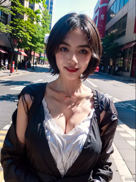 1 girl, Solo, (Short hair), Japanese idol, Perfect figure, beautiful eyes double eyelids, gothic lolita fashion, 26 years old, downtown like Harajuku, Hefty Smile, Upper body, blows wind, Slim body