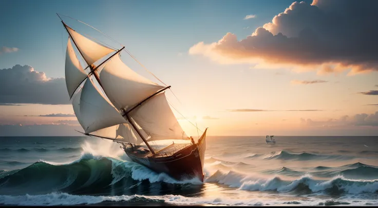 Sail ships，Sea sailing，riding the wave，The rising sun shines on sea level