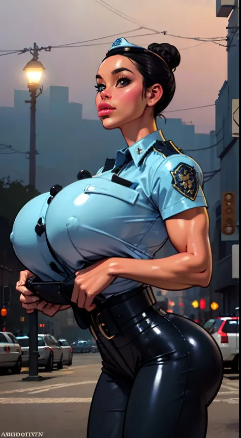 (Cowboy shot:1.5) 1 Same Girl , Perfect Beautiful , mature Face , ((korean woman)), Korean 18 Years Old , ((hair bun:1.4)) , ((police officer outfit)), white police shirt, ((police officer hat:1.7)),Athletic Body , ((gigantic breasts:1.5)) Extreme Detailed...