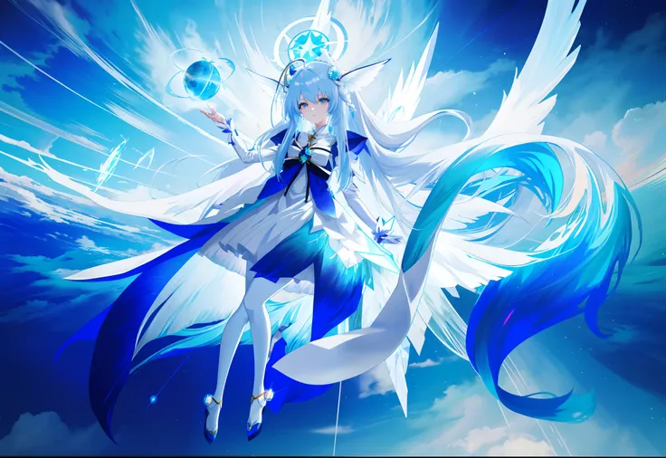 anime girl with blue hair and white dress, full body adoptable, long haired humanoid fursona, rimuru tempest, white-haired god, ...