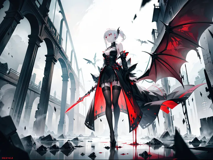 Beautiful girl with white hair，Extremely tall，Extremely thin，Poor milk，Wearing a black dress，Extremely high heels，Master the power of hurricanes，Stand in front of a tornado，Stand in an eerie Gothic building，The figure is extremely tall and slender，The skir...