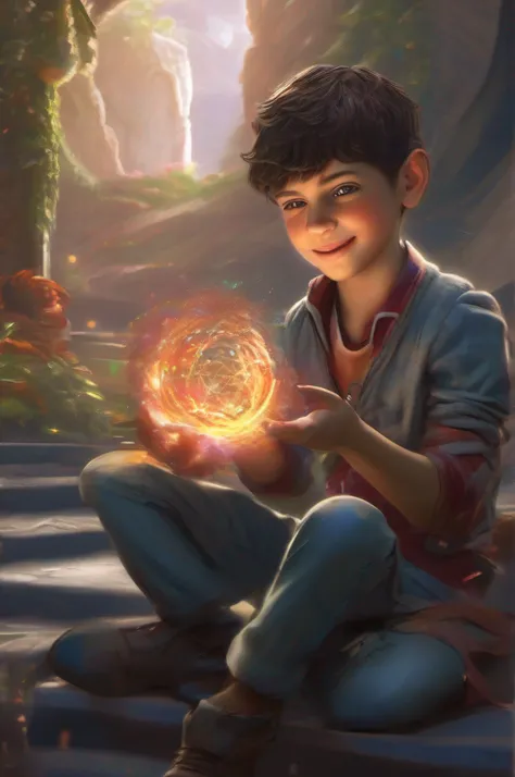 1 boy Concentrating multicolored fireball in hands, vortex, Particles, (sitting), fantasy environment, (((laughing))), intricate details, perfect features, dramatic, Cinematic lighting, accent lighting, SSAA, smooth rendering, No noise --testp --with 2:3 -...