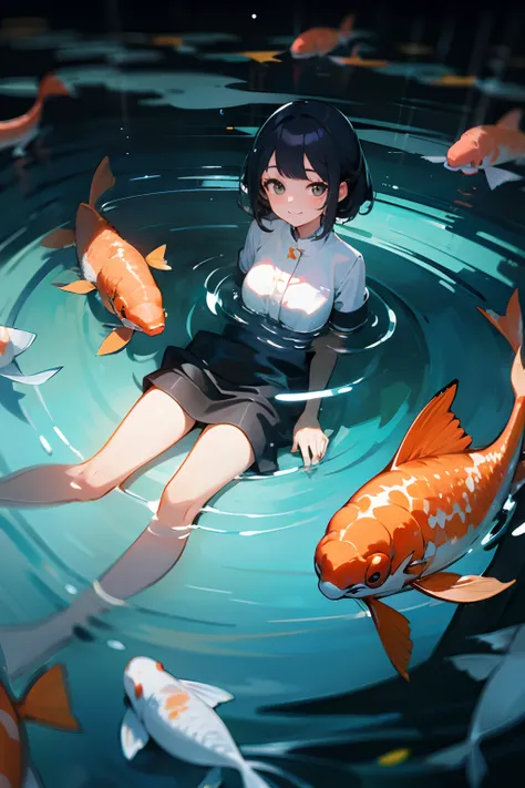 1 girl，Light smile，adolable，looking to the camera，Lots of koi，Water magic，ponds，water wave，airbubble，optic，refractions，Look up，8K，high qulity，tmasterpiece