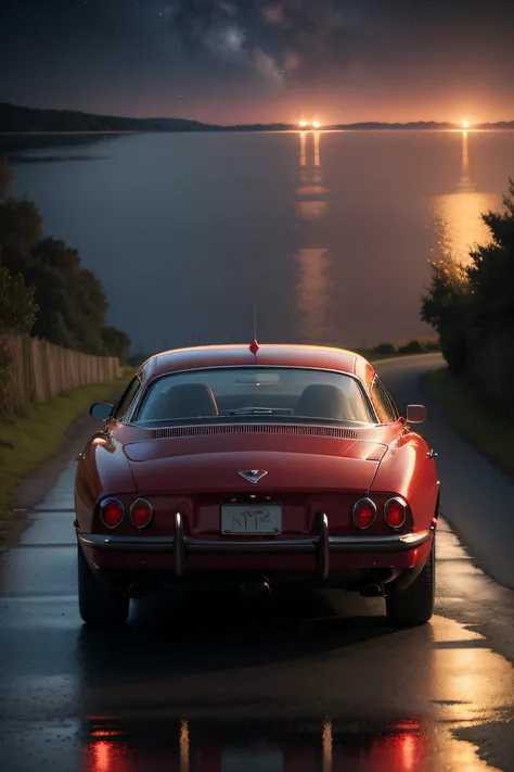 Valentines Day，Red car，nigh sky，natta，As estrelas，by lake，Rear of the car，Texture，Cinematic texture，Reflective，(Look at the car from behind)