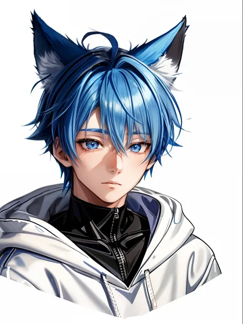 a close up of a boy with a blue hair and blue drooping fox ears wearing a white hoodie, anime style, closeup picture, sprite 2 d, anime vtuber closeup model, full head, upper half body