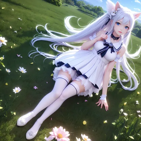 (((masterpiece))), (((best quality))),(extreme CG unity 8k wallpaper),anime, minigirl,cute,kawali,blue eyes,(beautiful detailed eyes),(white long hair):1.2,(white cat ears):1.2,large breast,hair_ornament,(white stockings):1.5, white flowers,choker,collar,(...