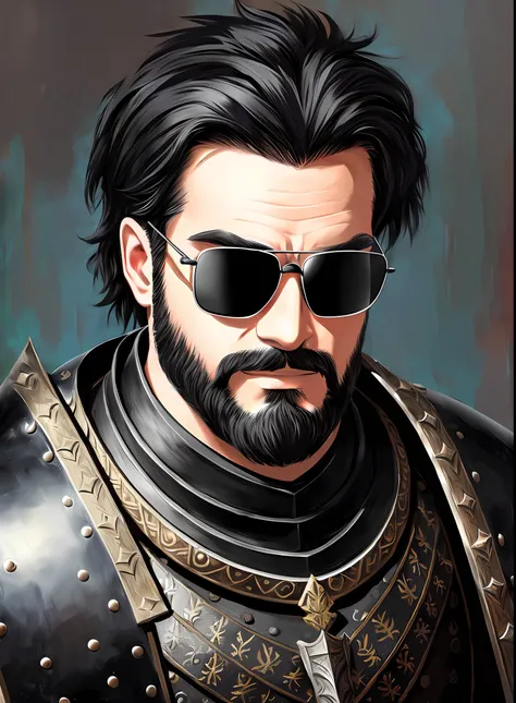 male knight character, dark glasses, 1940s, photorealistic, ((black hair)), beard, ((medieval black armor)), single color, serious, highly detailed painting, --auto --s2