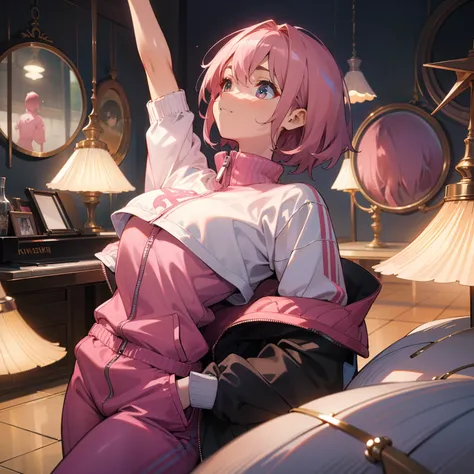 Kizi,Masterpiece, (8K, Best quality, Masterpiece:1.2),Highly detailed,masterclass,Best quality,illustration,Perfect lighting, track suit，A pink-haired，short detailed hair，Bias