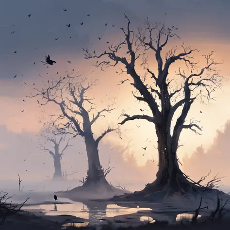 Two crows on a dead tree, A shadow shaped like a walker, Starry night, Thick fog on the ground, Blue light on the horizon, Unreal Engine 5, Cinematic, low angle photography, Motion blur, Depth of field, Dust, Cobblestones and dirt. Splash Art, dripping pai...