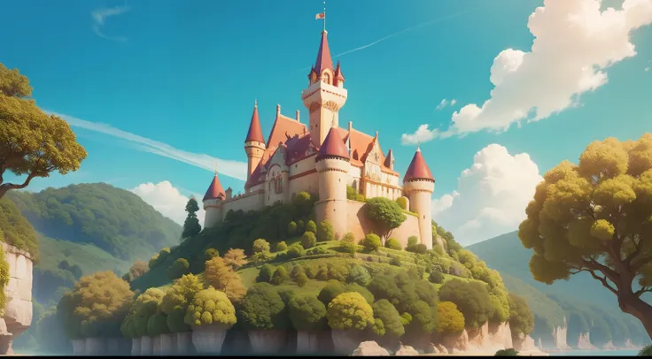 Um castelo nas terras de Saborea, um reino onde existe muitas frutas,  estilo Pixar Disney , uma imagem bem bonita em um dia ensolarado