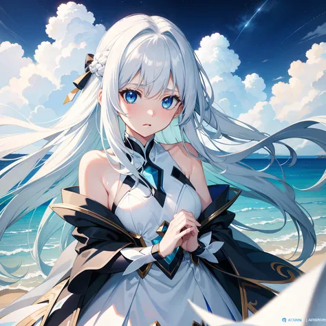 Extreme graphics，whaite hair，long whitr hair，teens girl，sideface，Blue eyes，Flushed cheeks，is shy，Under the blue sky，Artistic picture，Facing the distance，Affectionate look，Bust，starrysky，White dress，Poor milk，Chestless clothing，Face to the right，Raised sexy...