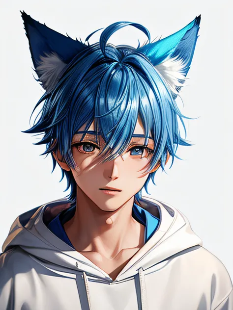 a close up of a boy with a blue hair and blue drooping fox ears wearing a white hoodie, anime style, closeup picture, sprite 2 d, anime vtuber closeup model, full head, portrait, wallpaper