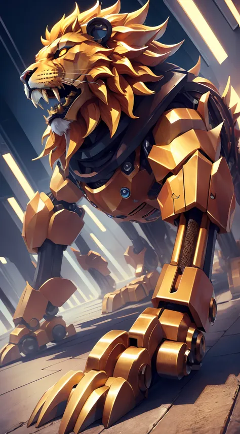 Tech Lions Head，Animal form，There is a mechanical lion of golden metal,Support the limbs on the ground， A lion wearing golden machinery、 Lion species: Mechanical monsters, Mechanical Animals Mechanical art, Mechanical lion,  Cool mechanical style, Cyber Ma...