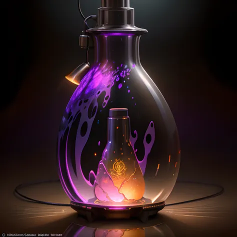 dreamlikeart,((lava lamp)) bioluminescent fluorescent liquid in a bottle, thick glass, steampunk detail, hazy, chromatic aberrat...