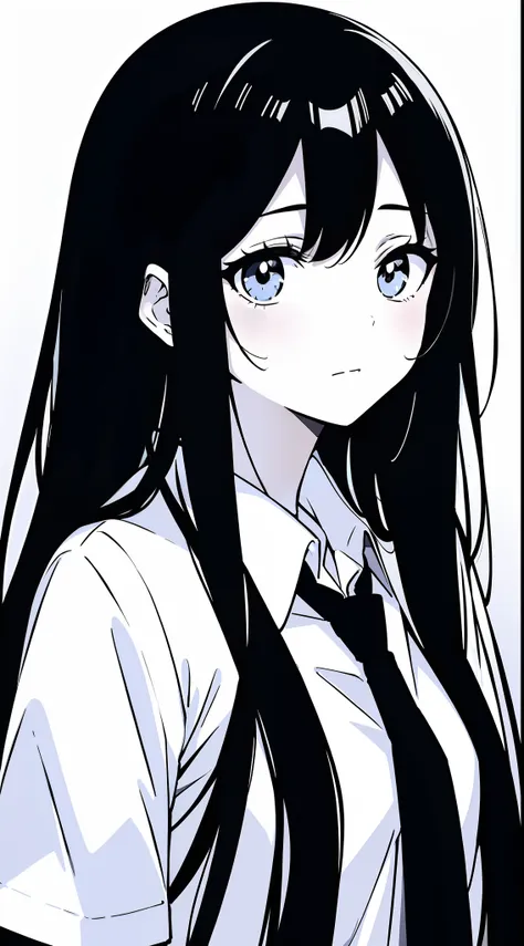 anime girl with long black hair and a white shirt and tie,((black and white portrait)),black and white pictures,high nose bridge