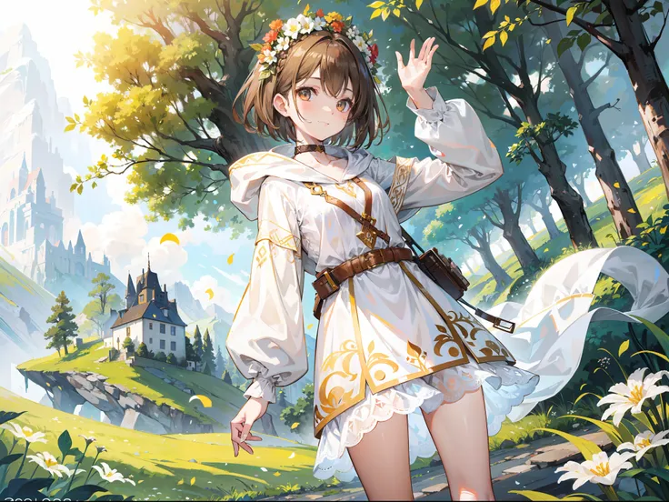 Beautiful girl with brown hair，Wear a white and brown hooded tunic，Bare legged，Brown high heels，Wear a circle of flowers and plants on your head，short detailed hair，Stand among the sunny mountains and forests，With a smile on his face，Wave to the camera