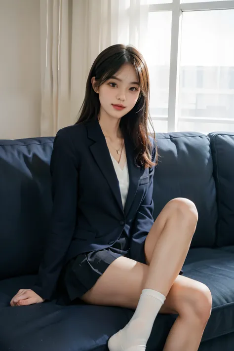 1 girl sitting on a comfortable sofa，Cross ed leg，Soft light，校服、Pair with a navy skirt and a navy blazer（校服：1.4），ssmile，adolable，Short white socks，Very nice eye and face details。