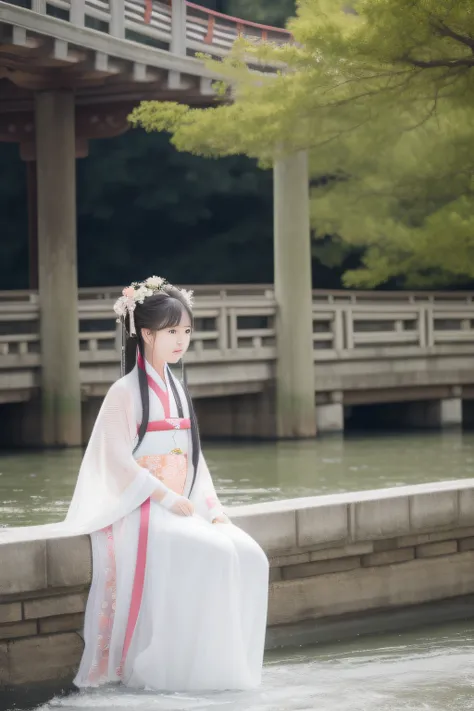 Small Bridge Flowing Water On the bridge deck stood a woman in Hanfu