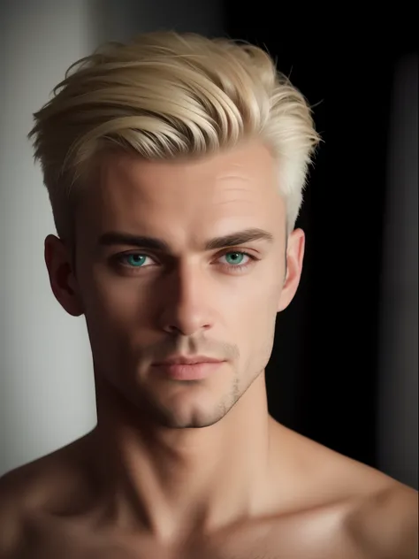 Realistic portrait of a madly handsome lightly tanned Russian man，With light makeup, Extremely detailed light green eyes, Sexy man, detailed symmetric realistic face, full pouty lips, extremely detailed natural texture, peach fuzz, Messy short blonde hair,...