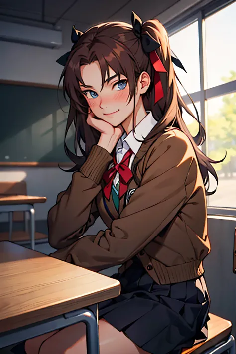 best quality, (masterpiece:1.2), highly detailed,
indoors,
tohsaka rin,
1girl, solo, sitting, looking at the viewer, closed mouth, slight smile, slight blush,
long hair, two side up, brown hair, blue eyes, hair ribbon,
homurahara academy school uniform