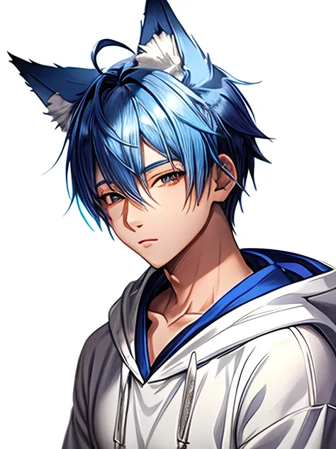 a close up of a boy with a blue hair and blue fox ears wearing a white hoodie, anime style, closeup picture, sprite 2 d, anime vtuber closeup model, full head