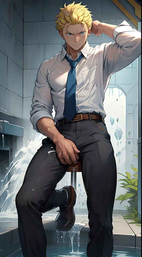 （1 Adult male），A high resolution， Sharp focus， Pixiv masterpiece， （（Complicated details））， highly  detailed， natsuki_subaru， 1 man，perfect male figure，Urine on the trouser leg， Nervously bow your head，is shy，embarressed，exhilarated，is shocked，panicking，wor...