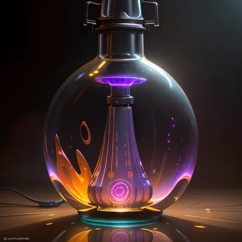 dreamlikeart, ((lava lamp)), glowing bioluminescent fluorescent liquid in a bottle, thick glass, steampunk detail, hazy, chromat...