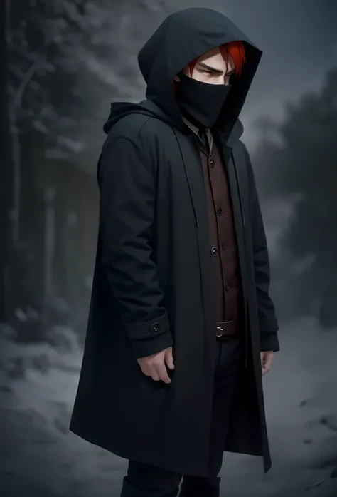 Male character, Yellow eyes: 2:4 , Red hair, hair slightly covering eyes, large black hood covering face, overcoat closed, expressionless appearance, black boots, in sad mood --auto --s2