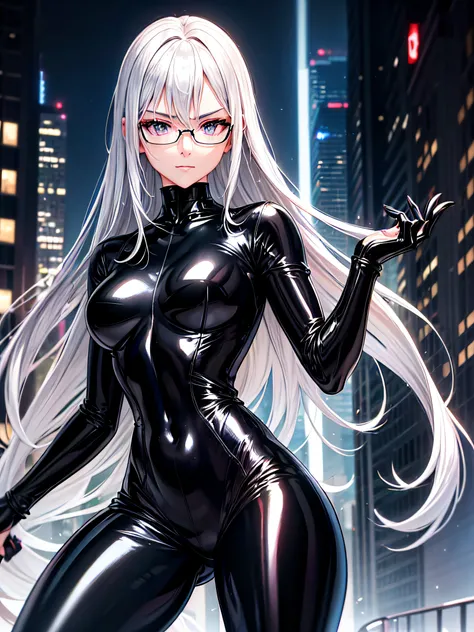 5 8K UHD、A beautiful woman with a small nose with silver hair in a shiny black rider suit with skin hidden up to the tips of black shiny fingertips wearing glasses is looking down、Late night city、Wearing a shiny black latex slider suit with hidden skin、Shi...