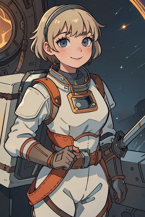 professional artwork, detailed eyes, beautiful eyes, beautiful face, flawless face, gorgeous face, smooth features, blush, short hair, beautifully detailed background, adventurous astronaut knight in armored space suit holding glowing sword made of light, ...