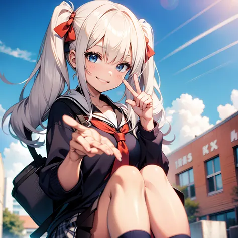 Cartoonish schoolgirl gal smiling while making peace sign、Hairstyle is Twintails