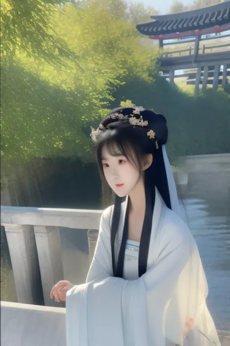 Small Bridge Flowing Water On the bridge deck stood a woman in Hanfu with exquisite facial features