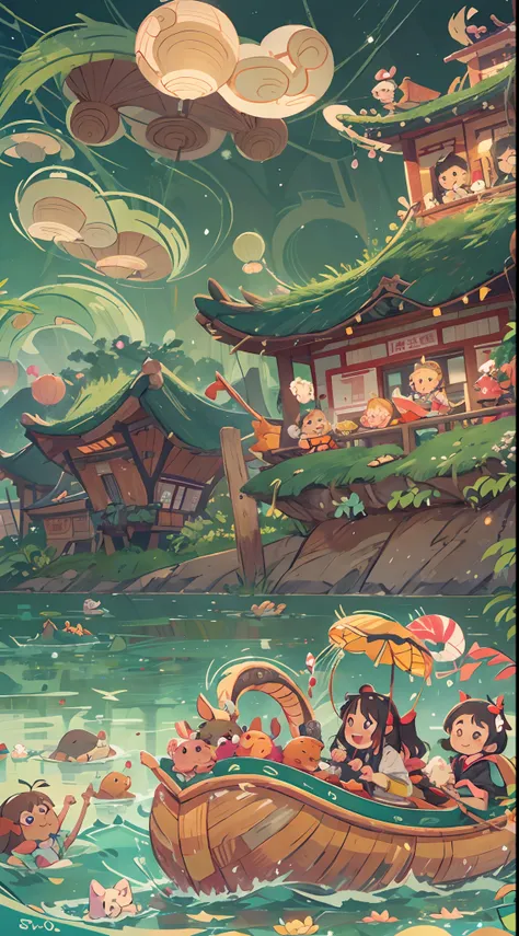 The scene of the Chinese Dragon Boat Festival，Several cute little girls from England racing dragon boats，he is happy，With a smile，rice dumpling，Lotus lanterns float in the river，Bright background，cinema shot，in an art nouveau style，Organic and smooth lines...