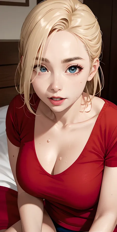 realisticlying、45-year-old girl、Wearing a red T-shirt，Face enhancement，Chest super large zoom，Cleavage emphasis，Looking up from the bottom，Hair blonde，Blue eyes、Blushing，Red lips，A sexy，Bed sit，Open your mouth wide to the maximum、Put your arms around the b...