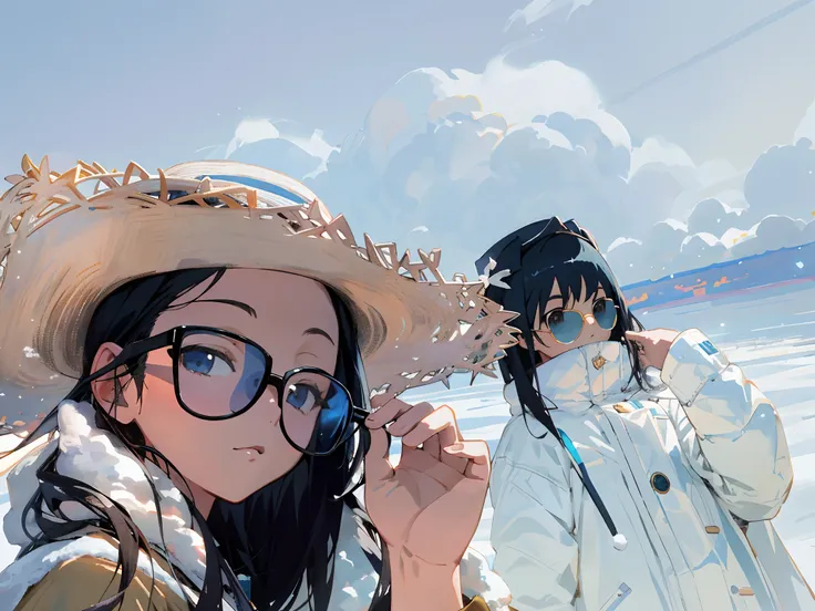 （Best quality at best）（tmasterpiece）（Lots of detail）twogirls，wears dark glasses，Face the lens，white backgrounid，Snow background，with blue sky and white clouds，Manhwa Style，Bright tones