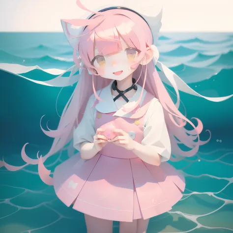 a smile、pastel pink hair、long、独奏、looking at the viewers、girl with、a sailor suit、red sailor suit、crystal clear white skin、anime s...