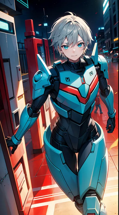 Young guy, short gray hair, Cyan eyes, Autobots red armor, running, ssmile, Masterpiece, hiquality