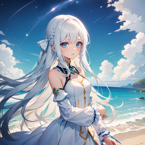 Extreme graphics，whaite hair，long whitr hair，teens girl，sideface，Blue eyes，Flushed cheeks，is shy，Under the blue sky，Artistic picture，Facing the distance，Affectionate look，Bust，starrysky，White dress，Poor milk，Chestless clothing，Face to the right，Raised sexy...