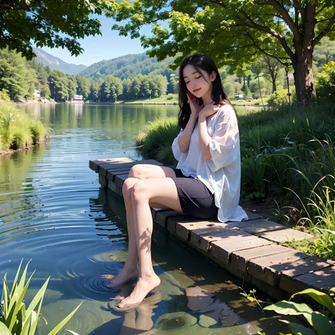 •	A serene lake surrounded by rolling hills, the clear blue sky reflected in the water.
	•	The girl sits by the lake’s shore, practicing deep breaths with her eyes closed, a serene smile on her face.