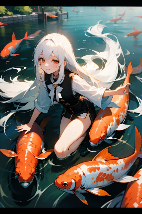 1 girl，long  white hair，Light smile，adolable，looking to the camera，Lots of koi，Water magic，8K，high qulity，tmasterpiece